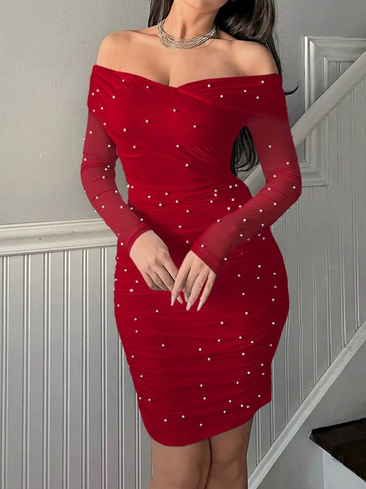 Off-Shoulder Ruffle & Pearl Beaded Bodycon Dress,Wine Red Dress,Burgundy  Dress,Elegant Dresses For Women,Wedding Guest Dress For Women,Mini Party  Dresses,Graduation Dress For Women,Elegant Women's Ceremony Dress,Weddings  & Events,Formal Dresses | SHEIN USA