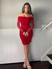 Firerie Off-Shoulder Ruffle & Pearl Beaded Bodycon Dress