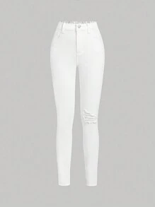 SHEIN Nuevos Pantalones Vaqueros Blancos Para Niñas Preadolescentes Para Las Vacaciones De Verano, Cómodos Y Elásticos, Con Rasgaduras Y Un Toque De Sol - Blanco - Ver 1