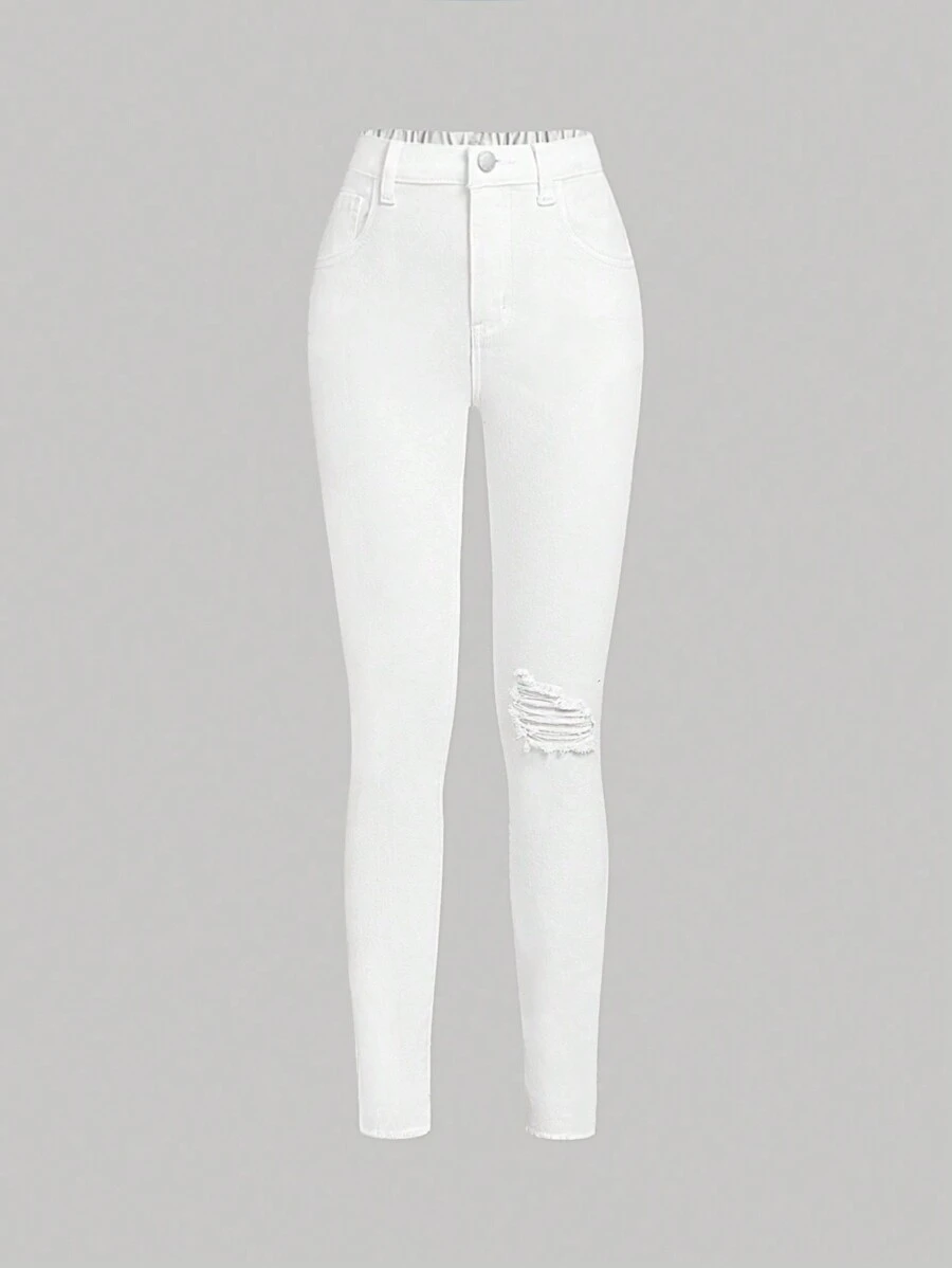 SHEIN Nuevos Pantalones Vaqueros Blancos Para Niñas Preadolescentes Para Las Vacaciones De Verano, Cómodos Y Elásticos, Con Rasgaduras Y Un Toque De Sol - Blanco - Ver 1