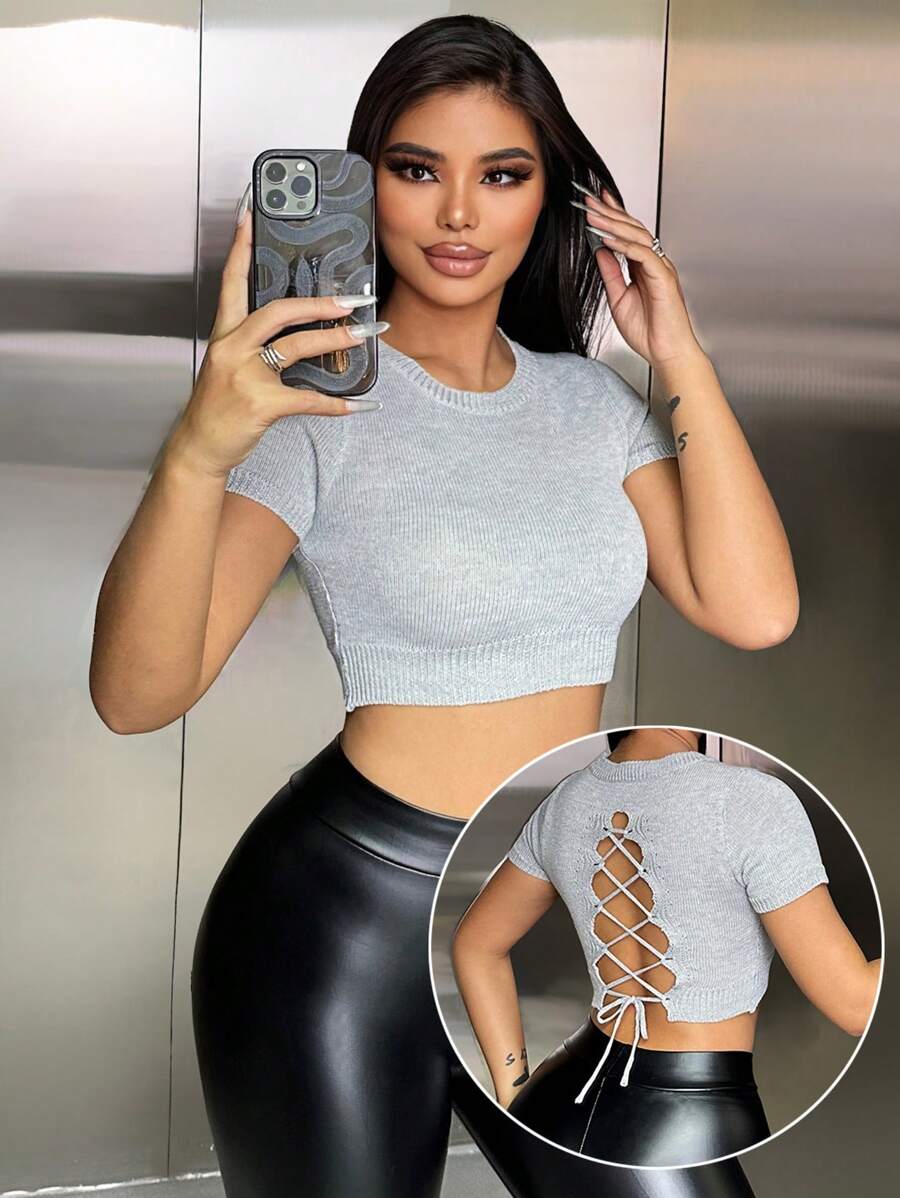 Zolique Của phụ nữ Vòng cổ Ngắn Knit ngọn Với Trở lại Buộc - Xám - Xem 1