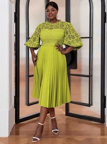Plus Size Solid Color Lace Patchwork Lantern Sleeve Dress - Green - View 5