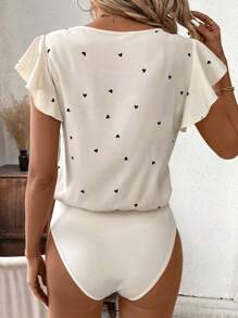 SHEIN Clasi Heart Print Round Neck Ruffle Trimmed Bodysuit With Decorative Bow - Apricot - View 2