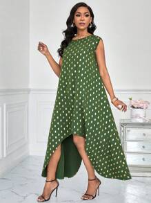 SHEIN Clasi Polka Dot Print Round Neck Asymmetric Hem Dress - Green - View 3