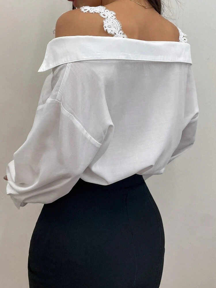 Long Sleeve Lace Panel Cold Shoulder Blouse,Fall Women Clothes