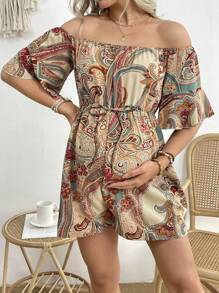 SHEIN Paisley Printed Maternity Off Shoulder Drawstring Waist Romper - Multicolor - View 2