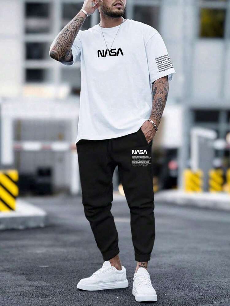 Men's Plus Size Slogan Printed Short Sleeve T-Shirt And Jogger Pants Set