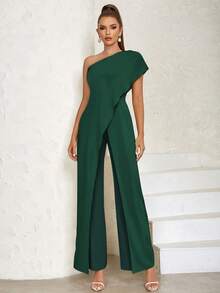 Asymmetrical Shoulder Sexy Simple Patchwork Wide-Leg Jumpsuit - Dark Green - View 3