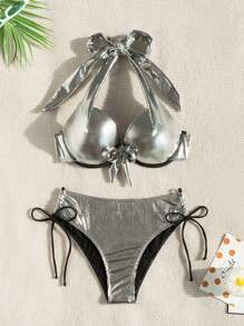 Swim SXY Women's Metallic Bikini Set Summer Beach - Silver - View 5