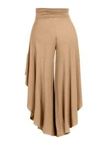 Breezaya 大尺碼女士純色不對稱下擺寬褲 - 卡其色 - 查看 5