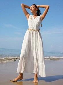 Anewsta Holiday Style Romantic Beach Sexy Laser Embroidery & Tassel Decor Drawstring Women's Casual White Cross V-Neck Floor-Length Dress