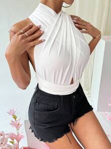 SHEIN Privé Hollow Out Cross Strap Bodysuit - White - View 4