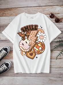 SHEIN Leap Crew Áo thun ngắn tay họa tiết mặt cười & chữ đơn giản giản dị dành cho tuổi teen, thích hợp cho mùa hè - trắng - Xem 1