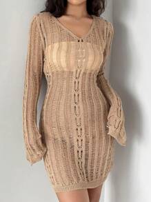 Flirla Vestido Suéter Tejido Transparente Con Hueco, Monocromático Para Mujer
