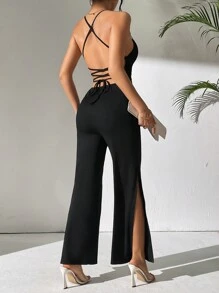 SHEIN PETITE Solid Color Sleeveless Open Back High Slit Wide Leg Jumpsuit - Black - View 1
