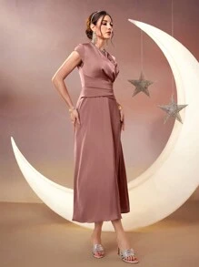 Modelyn 女式v領阿拉伯風格褶皺長裙 - 粉色 - 查看 6