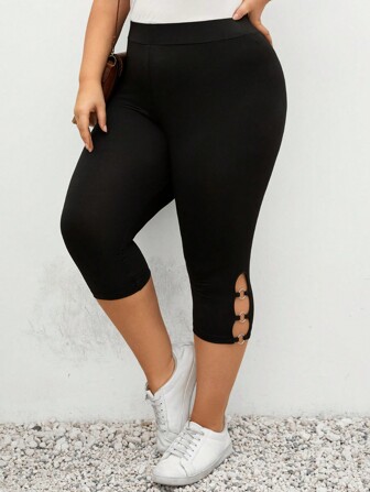 SHEIN LUNE Black 7-Point Leggings With Cutout Details For Women, Stretchy High-Waisted Leggings, Suitable For Sports, Casual And Fashion Wear