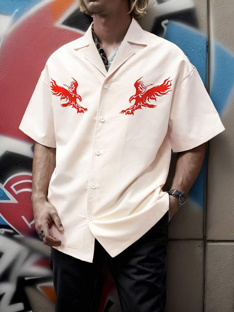 Men's Short Sleeve Button-Down Shirt With Bird Print
