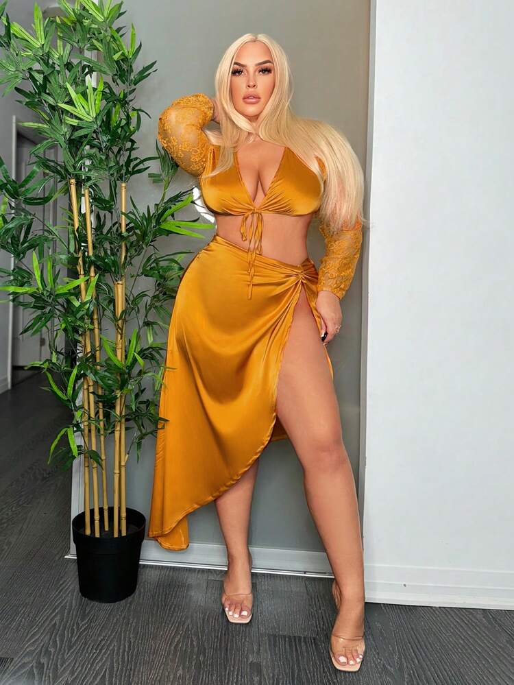 Plus Size Lace Patchwork Cropped Top And Twist Front Thigh High Slit Skirt