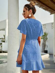 Breezaya Quý cô Chấm bi Ruffle Ngắn tay Đầm - Màu xanh lam - Xem 2