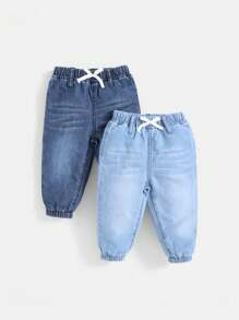 SHEIN Ensemble De 2 Pièces De Jeans En Denim Respirant Doux À La Mode Pour Bébé Garçon Lavés En Bleu Clair Et Foncé Pour Le Printemps Et L'été