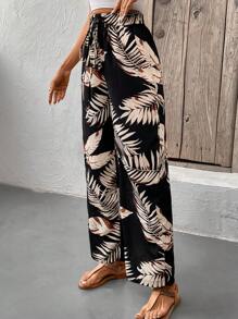 SHEIN Frenchy Pantaloni A Vita Alta Con Cintura In Stampa Tropicale Di Piante Per Donna