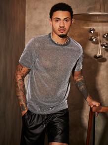 Manfinity VCAY 男士針織休閒閃爍修身短袖t恤 - 灰色 - 查看 4