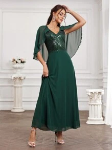 SHEIN Belle Kim sa Vá lại Cổ chữ V Vòng eo đế chế Váy phù dâu - màu xanh lá - Xem 4