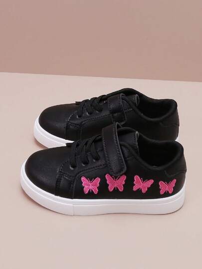 Girls' Sports Shoes, Pink Butterfly Embroidered Black Flat Casual Shoes