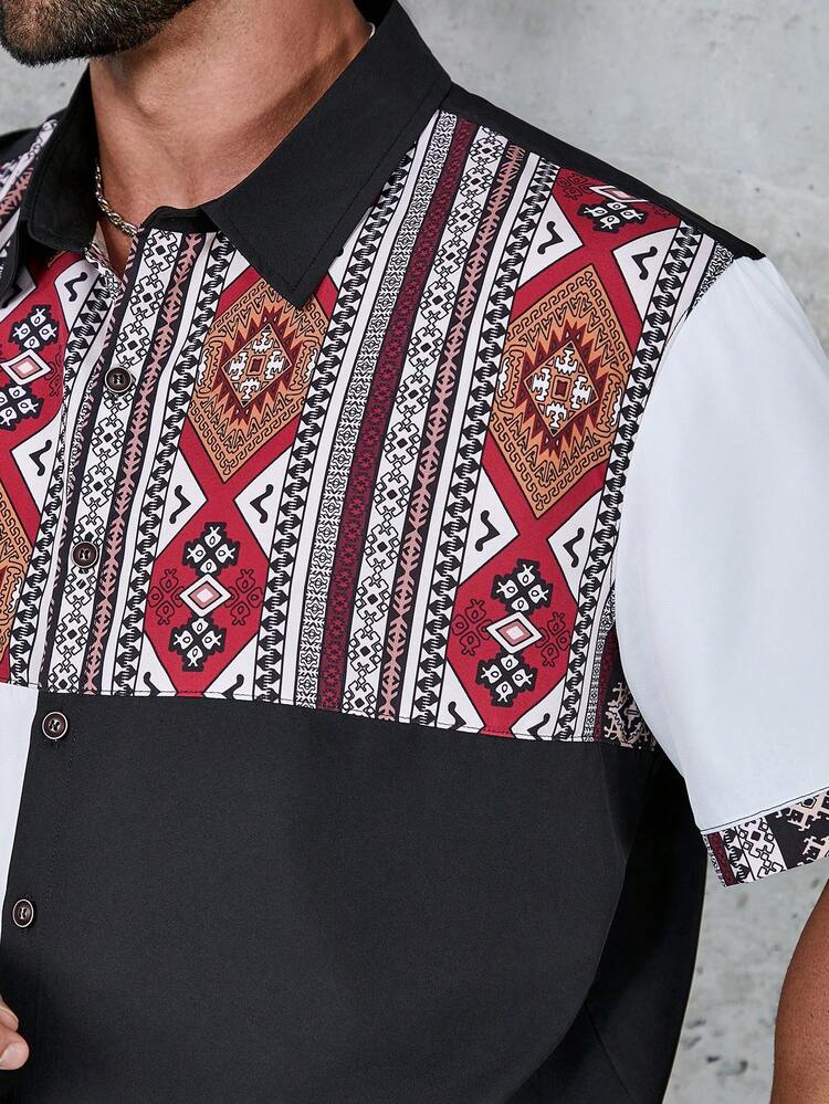 Men's Plus Size Geometric Printed Button Down Short Sleeve Shirt And Solid Color Shorts Set