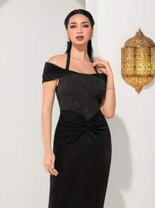 Modelyn 花卉提花挂脖扭花开叉连衣裙长款晚礼服 - 黑色 - 查看 3