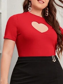 SHEIN Privé T-shirt À Manches Courtes Moulant Grande Taille, Couleur Unie Cœur Creux, Évidé