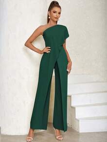 Asymmetrical Shoulder Sexy Simple Patchwork Wide-Leg Jumpsuit - Dark Green - View 5