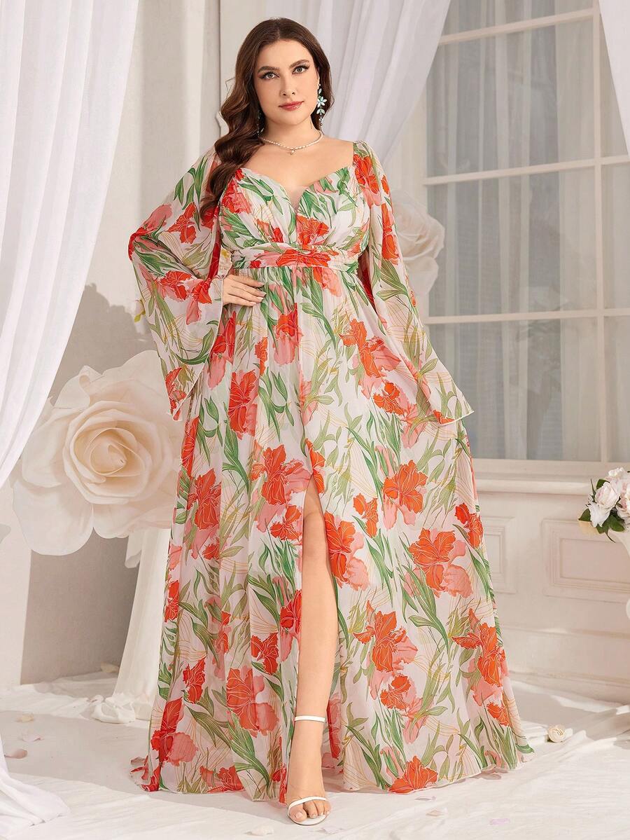 大码女式花卉印花褶饰腰部喇叭袖连衣裙