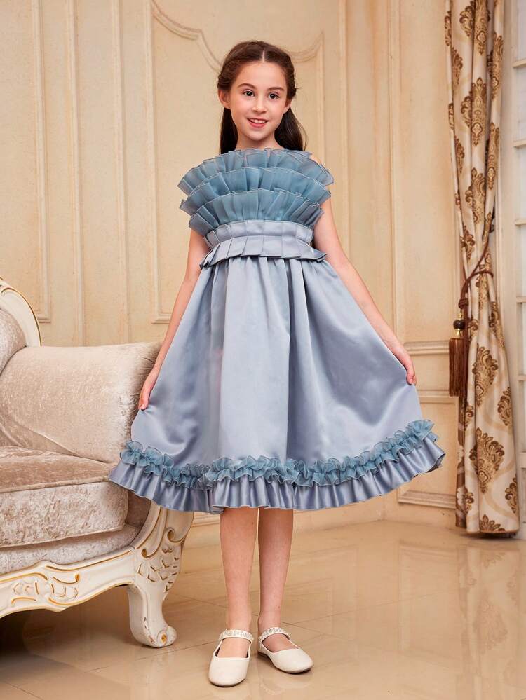 Tween Girls' Lovely Elegant Halter Dress With Ruffle Trim And Decorative Accents, Sleeveless