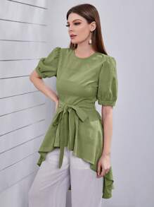 Mulvari 純色圓領設計,腰部收緊,不對稱下擺款式的上衣 - 綠色 - 查看 3