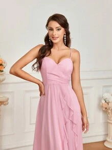 SHEIN Belle Elegant Spaghetti Strap Chiffon Ruffle Trim A-Line Bridesmaid Dress With Ruffle Trim - Pink - View 2