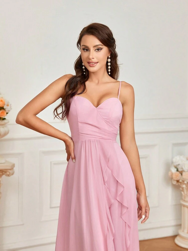 Elegant Spaghetti Strap Chiffon Ruffle Trim A-Line Bridesmaid Dress With Ruffle Trim