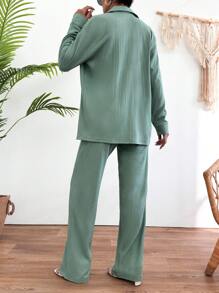 EURMUSE 3pcs/Set Casual Fashionable Textured Shirt & Strapless Top & Pants Set - Green - View 2