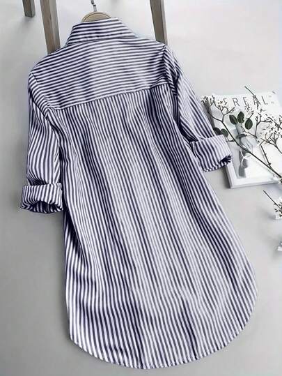 SHEIN Essnce Women's Oversized Striped Casual Shirt, Short Front Long Back Design