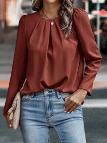 EMERY ROSE Solid Plicated Detail Puff Sleeve Blus, Långärmade Toppar - Rostad brun - Visa 4