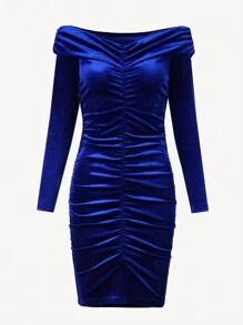 Allurite 女士露肩拉皺緊身裙 - 寶藍色 - 查看 4