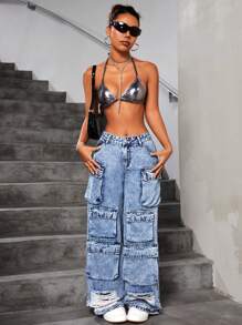 SHEIN ICON Women's Multi-Pocket Distressed Cargo Jeans - Blue - View 6