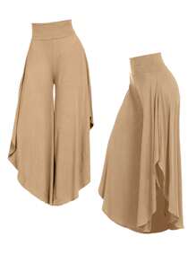 Breezaya 大尺碼女士純色不對稱下擺寬褲 - 卡其色 - 查看 1