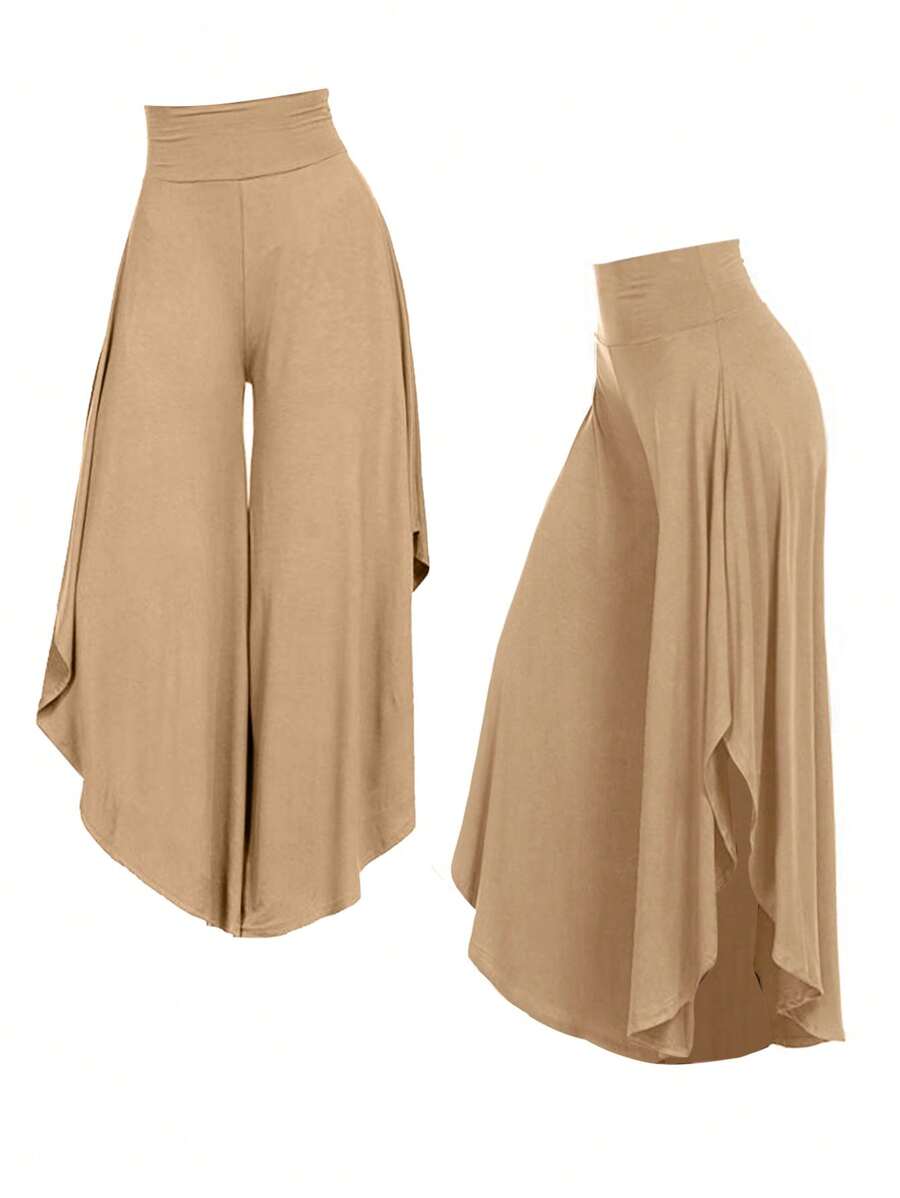 Breezaya 大尺碼女士純色不對稱下擺寬褲 - 卡其色 - 查看 1