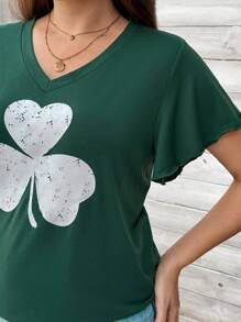 SHEIN LUNE Kích thước lớn Của phụ nữ Màu xanh lá Giải trí Ngày St. Patrick Cỏ ba lá Mẫu Cổ chữ V Ngắn tay Áo thun - màu xanh lá - Xem 5