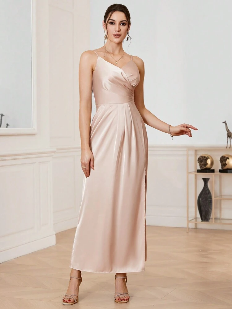 Solid Color Pleated Slit Design Bridesmaid Dress With Spaghetti Straps