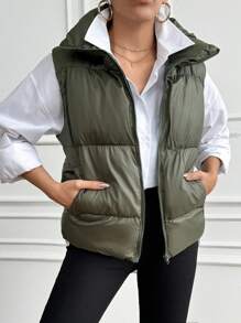 EURMUSE Solid Color Stand Collar Sleeveless Jacket Winter Vest - Khaki - View 5