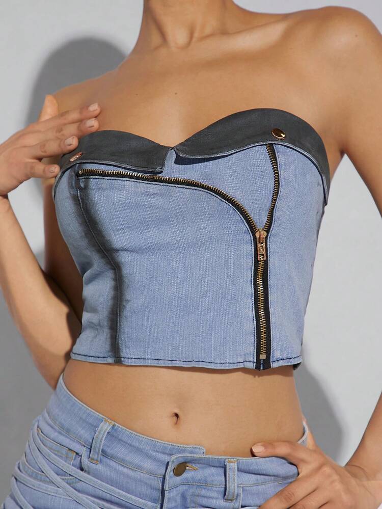 Color-Block Zippered Strapless Slim-Fit Denim Top