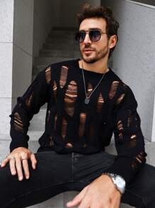 Manfinity Homme 男士做旧镂空针织街头潮流拼色套头长袖上衣，适合外出、朋友聚会、放大男士长袖针织，男士毛衣上衣，男士黑色毛衣，男士针织上衣，适合秋冬 - 黑色 - 查看 3